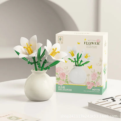 Flower Building Block Set with Pot – DIY Bouquet Kit with Roses, Lilies & Decorative Display Vase