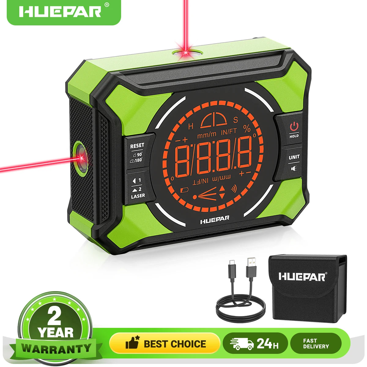 Huepar Digital Laser Angle Gauge – 3-in-1 Electronic Protractor with LCD Display, Magnetic Inclinometer & Laser Dot Level Tool (AG2L)
