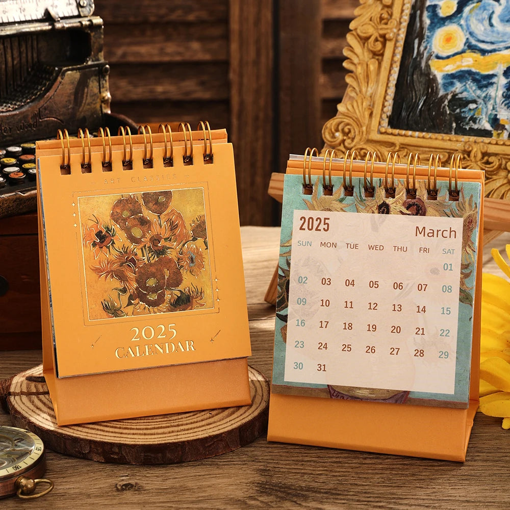 2025 Vintage Mini Bronzing Painting Desk Calendar – Monthly Flip Tabletop Planner
