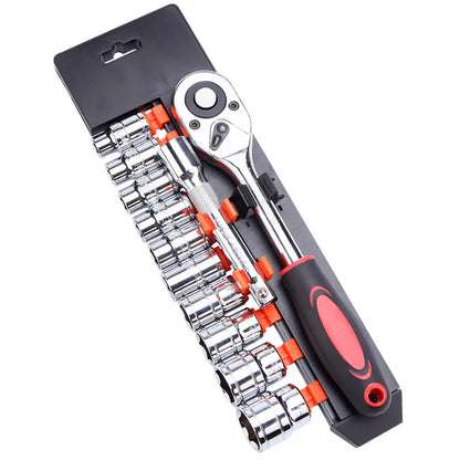 12pcs Socket Ratchet Handle Wrench Set 1/4 3/8 1/2 Spanner Kit With Extension Rod and 10 Common Sockets Car Repair Hand Tools