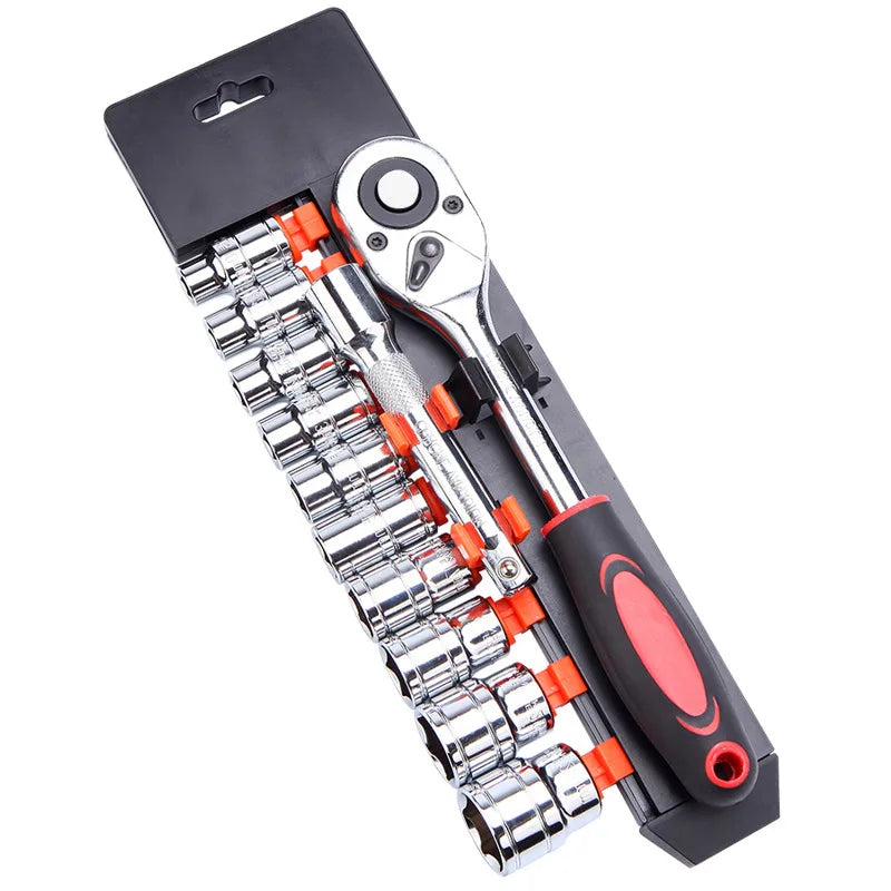 12pcs Socket Ratchet Handle Wrench Set 1/4 3/8 1/2 Spanner Kit With Extension Rod and 10 Common Sockets Car Repair Hand Tools