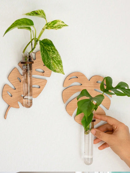 1/2 Pcs Leaf Shape Wall Planters Wooden Wall Hanging Plant Pots with Test Tube Vase Indoor Propagation Station Home Garden Decor