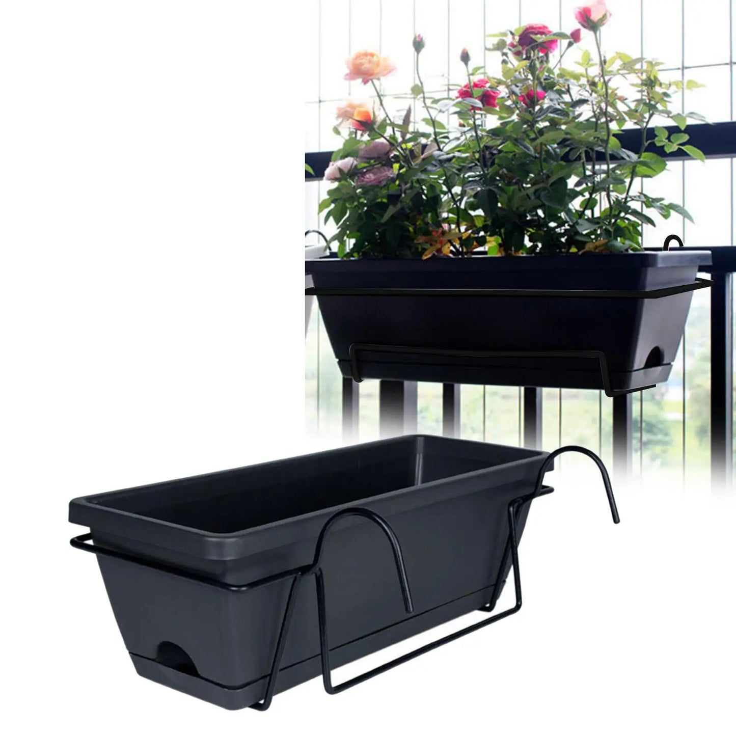Balcony Railing Hanging Planter – 6L Plastic Window Box with Tray & Rack