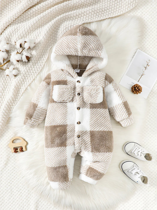 Plaid Hooded Romper – Warm Plush Winter Jumpsuit for Baby Boys & Girls (3–24 Months)