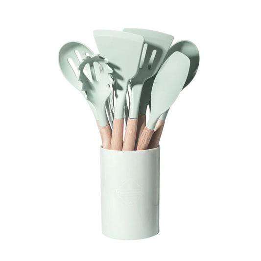 12PCS Silicone Kitchen Utensils Set – Heat-Resistant Non-Stick Spatulas & Spoons with Wooden Handles