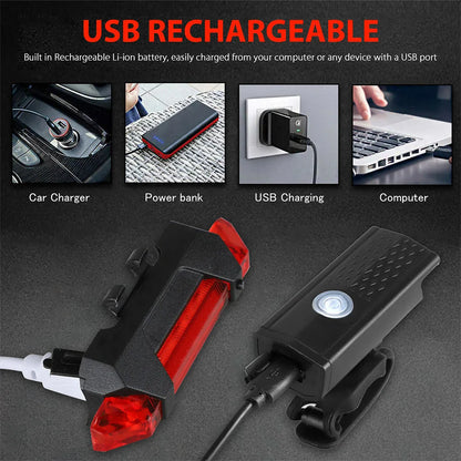 Bike Light Set Front and Rear – USB Rechargeable Bicycle Safety Lights with 3 Modes