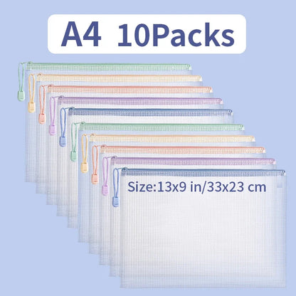Zipper Mesh Bags A4/A5 Plastic Zipper Bags For Organizing Waterproof Clear Travel Bags Office Supplies Document，color random