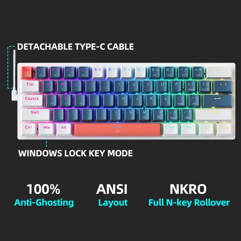 Machenike K500-B61 Mini Mechanical Keyboard – 60% Wired Hot-Swappable RGB Backlit Gaming Keyboard with 61 Keys