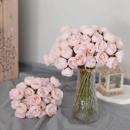 27 Heads Artificial Silk Pink Peony Rose Bouquet for Home Wedding Decoration