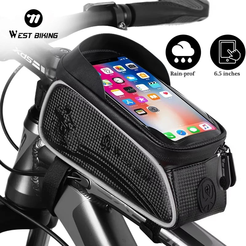 WEST BIKING Waterproof Bicycle Frame Bag – Front Top Tube Storage with Touchscreen Phone Case for MTB & Road Bikes