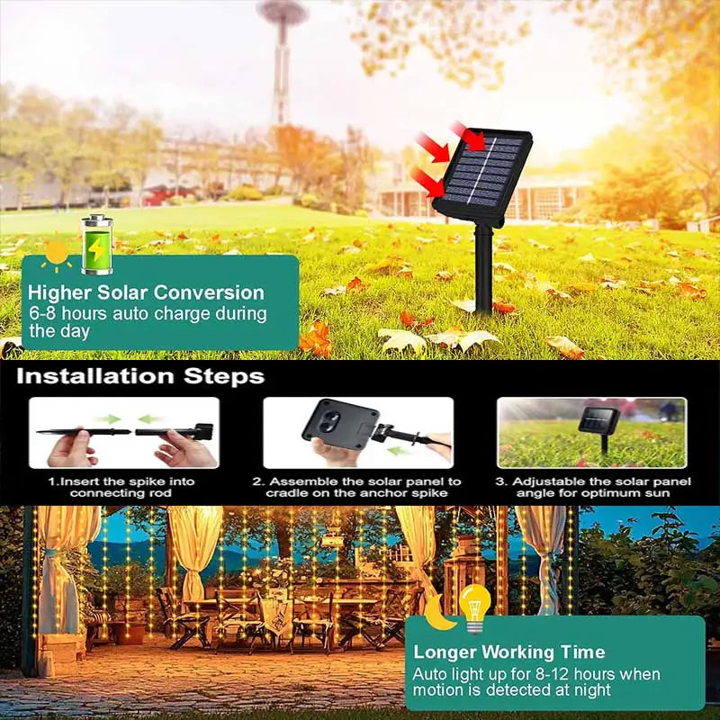 Solar Curtain Light LED Outdoor Waterproof – 300 LEDs Fairy Garland String Lights for Yard, Wedding & Party Decoration