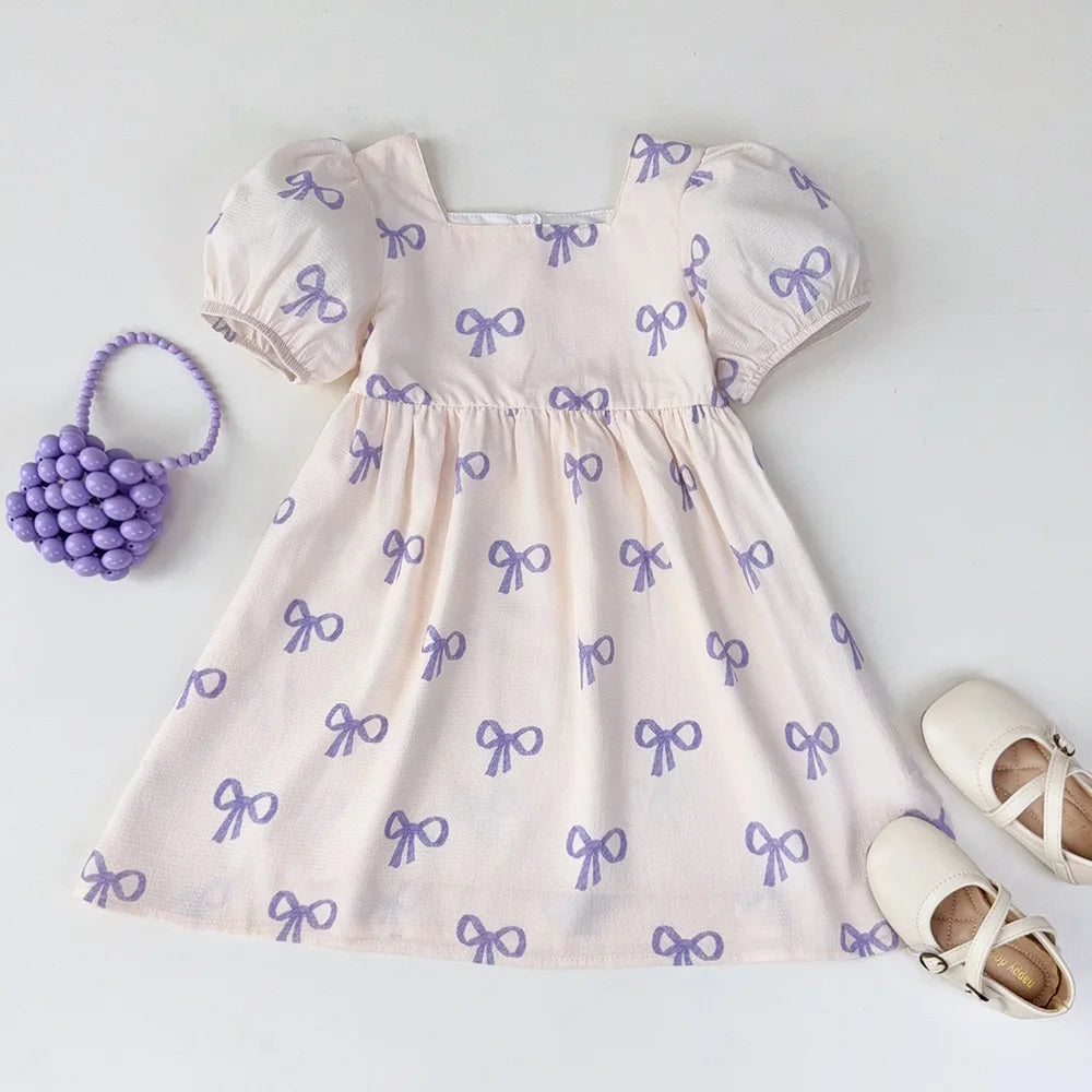 Bear Leader Girls’ Summer Dress – Short Sleeve Bow Print Casual Dress for Ages 3–7