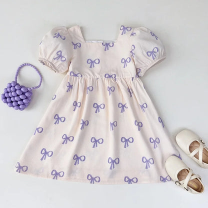 Bear Leader Girls’ Summer Dress – Short Sleeve Bow Print Casual Dress for Ages 3–7