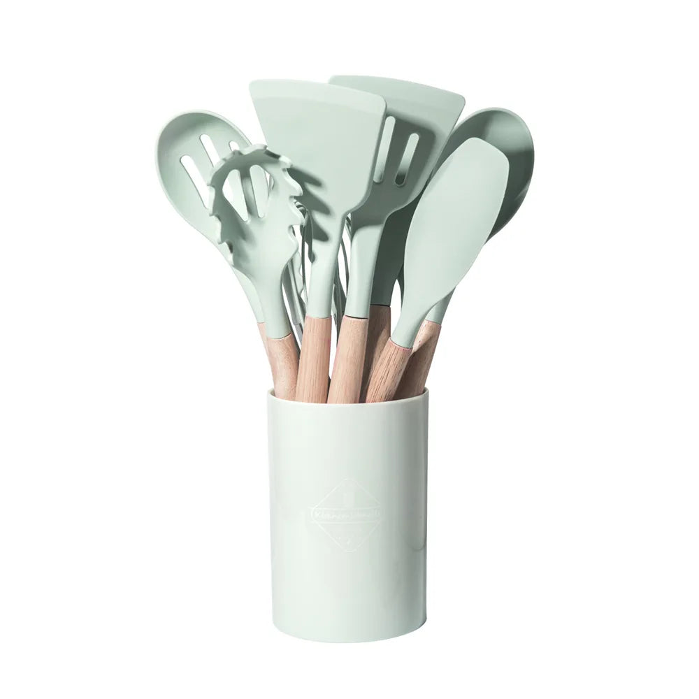 12PCS Silicone Kitchen Utensils Set – Heat-Resistant Non-Stick Spatulas & Spoons with Wooden Handles