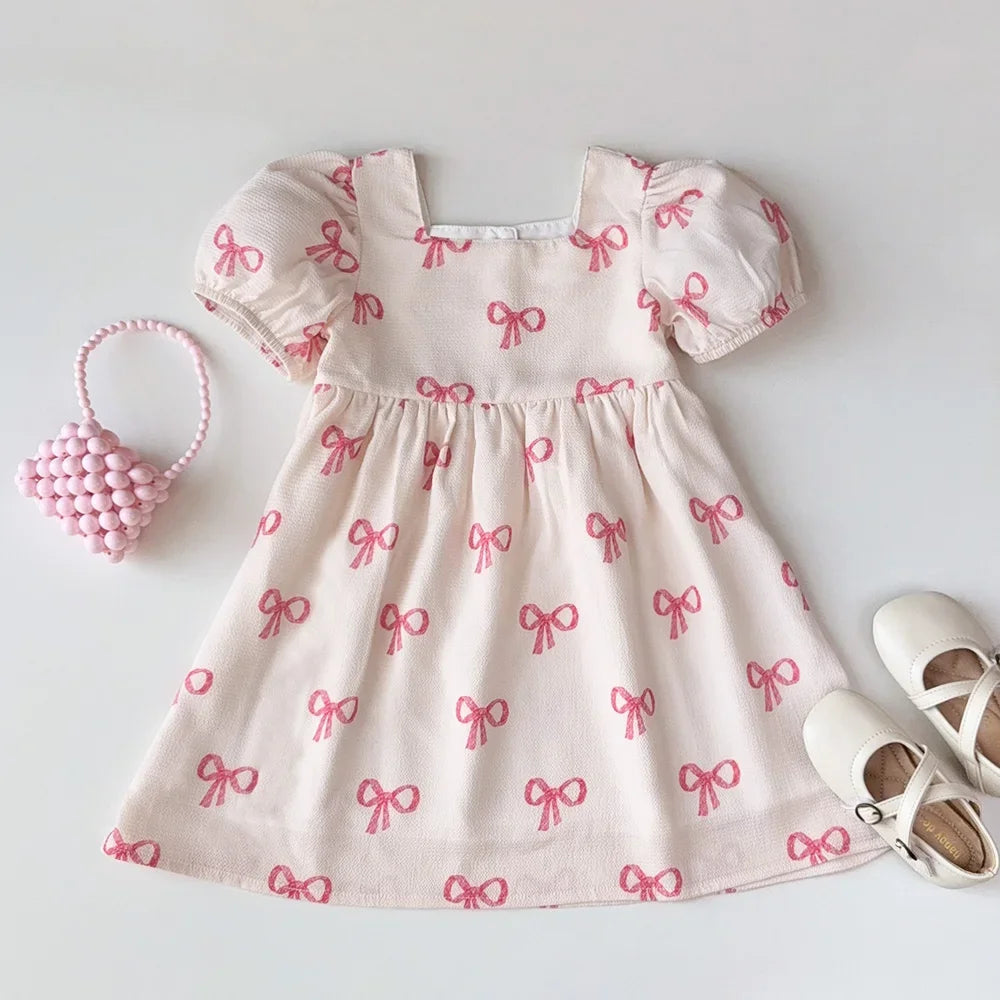 Bear Leader Girls’ Summer Dress – Short Sleeve Bow Print Casual Dress for Ages 3–7