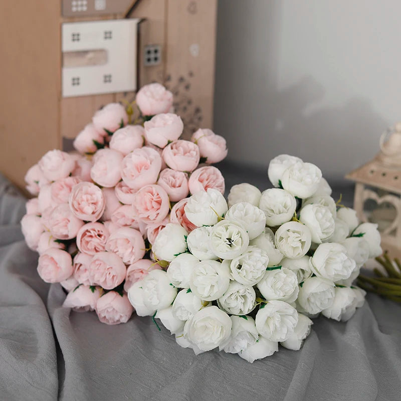 27 Heads Artificial Silk Pink Peony Rose Bouquet for Home Wedding Decoration