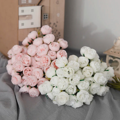 27 Heads Artificial Silk Pink Peony Rose Bouquet for Home Wedding Decoration