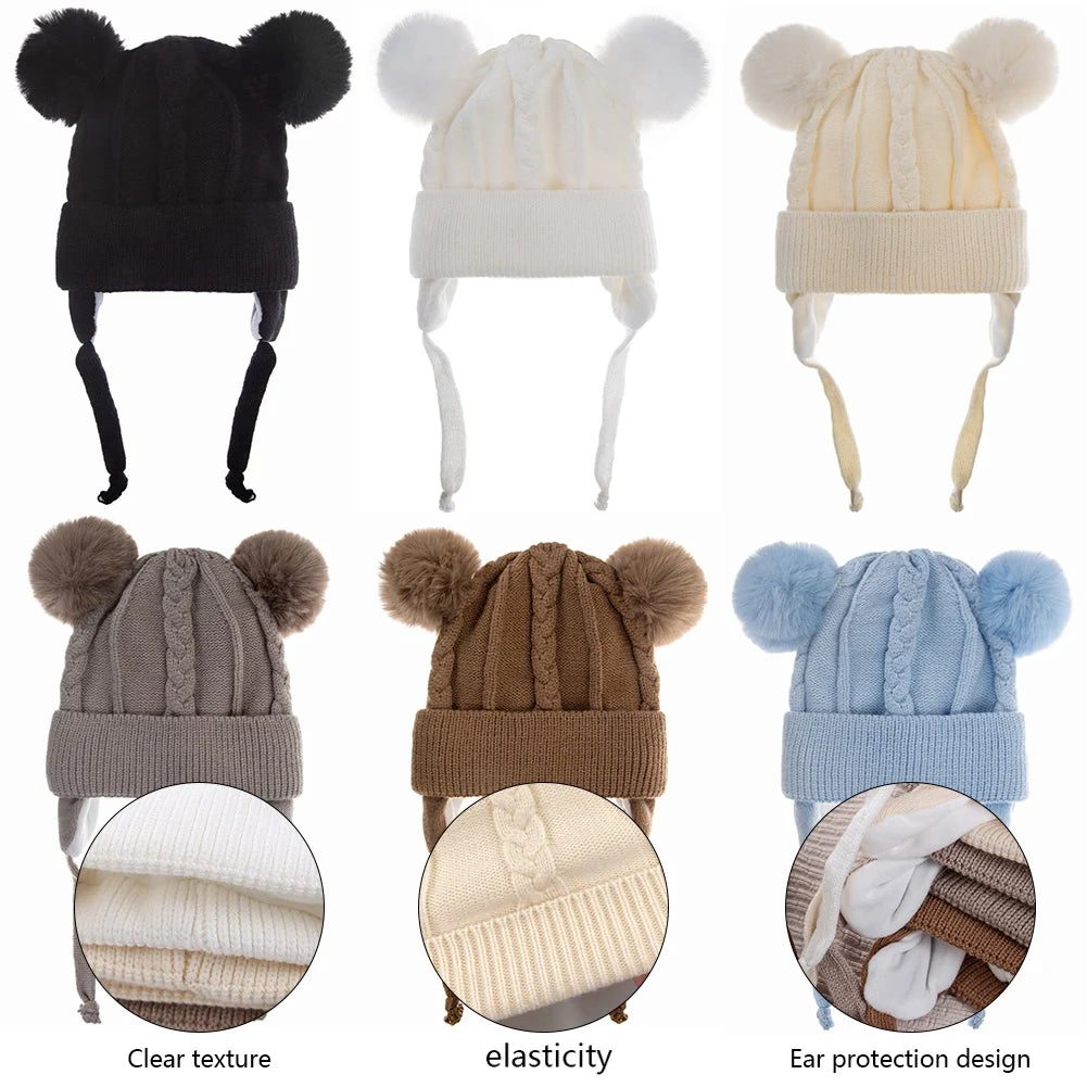 Bear Knit Winter Hat – Warm Baby Earmuff Cap with Pompoms & Cotton Lining