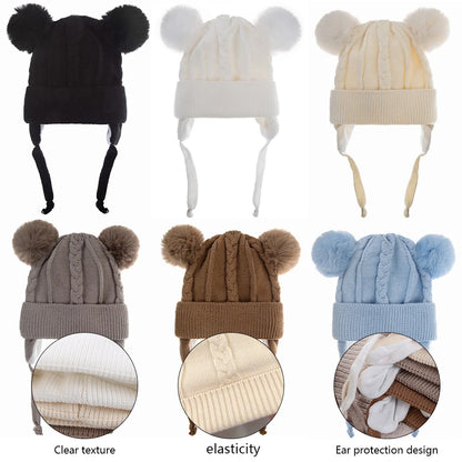 Bear Knit Winter Hat – Warm Baby Earmuff Cap with Pompoms & Cotton Lining