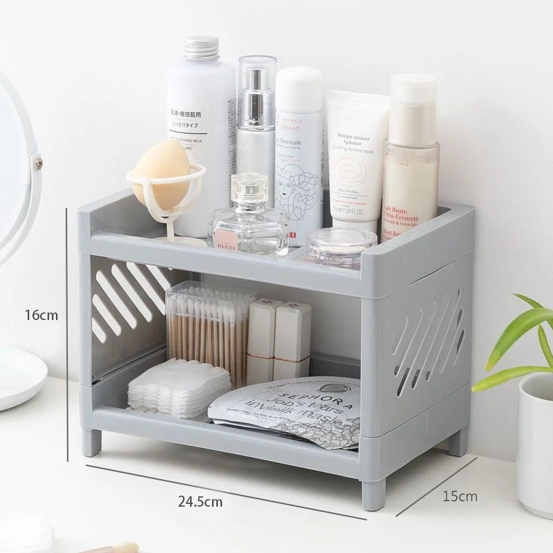 Double Layer Desktop Storage Rack – White Rectangular Organizer for Cosmetics, Stationery & Office Supplies
