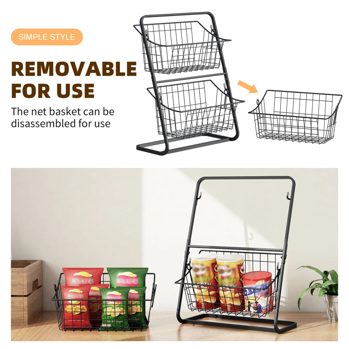 Fruit & Vegetable Wire Basket – Removable Kitchen Countertop Storage Rack for Spices & Snacks