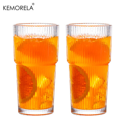 600ML Stripe Glass Coffee Cup with Lid – Transparent Juice & Iced Coffee Mug, Cold Drink Glassware without Straw