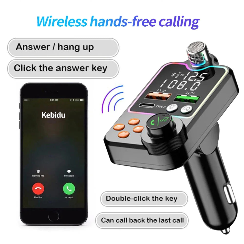 Bluetooth 5.0 Car Charger Dual USB Type C Quick Charge Hands-free Call Kit FM Transmitter MP3 Player Car Cigarette Lighter