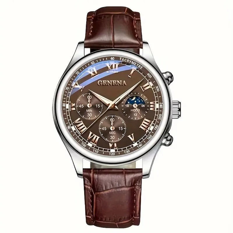 GENEVA Men's Fashion Quartz Watch – Waterproof Business Sport Wristwatch with Leather Strap