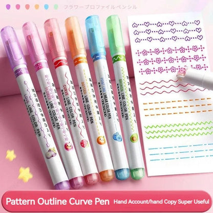 6Pcs Flower Line Shape Highlighter Pen Set – Curve Liner Roller Tip Markers for Creative Journaling