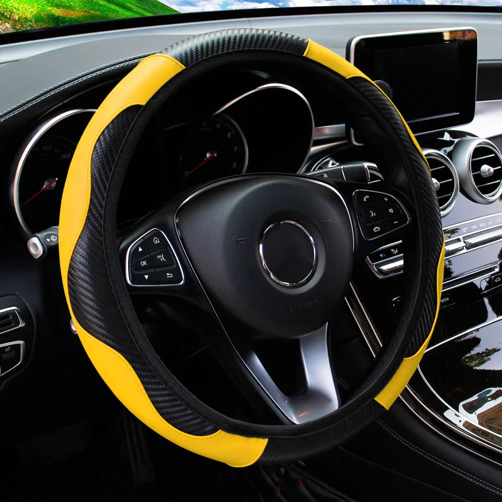 PU Carbon Fiber Leather Steering Wheel Cover – Fits 14.5–15 Inch Cars, Durable Automotive Accessory