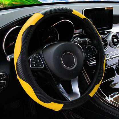 PU Carbon Fiber Leather Steering Wheel Cover – Fits 14.5–15 Inch Cars, Durable Automotive Accessory