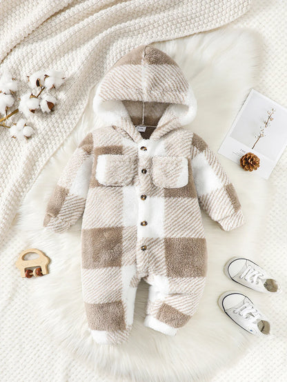Plaid Hooded Romper – Warm Plush Winter Jumpsuit for Baby Boys & Girls (3–24 Months)