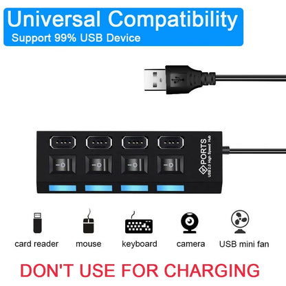 Multi USB Splitter Hub 2.0 – 4/7 Port High-Speed USB Expander with LED Switch for PC & Laptop Data Transfer