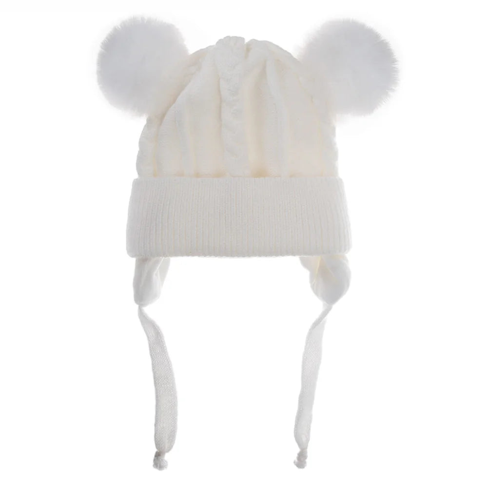 Bear Knit Winter Hat – Warm Baby Earmuff Cap with Pompoms & Cotton Lining