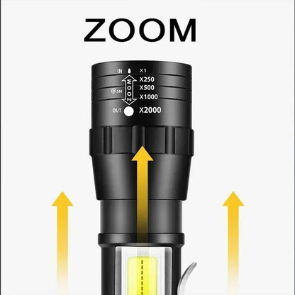 COB + XPE Mini USB Rechargeable Flashlight – Zoomable Small Torch with Clip, 350 Lumens, Waterproof Emergency Light for Camping, Hiking, Fishing