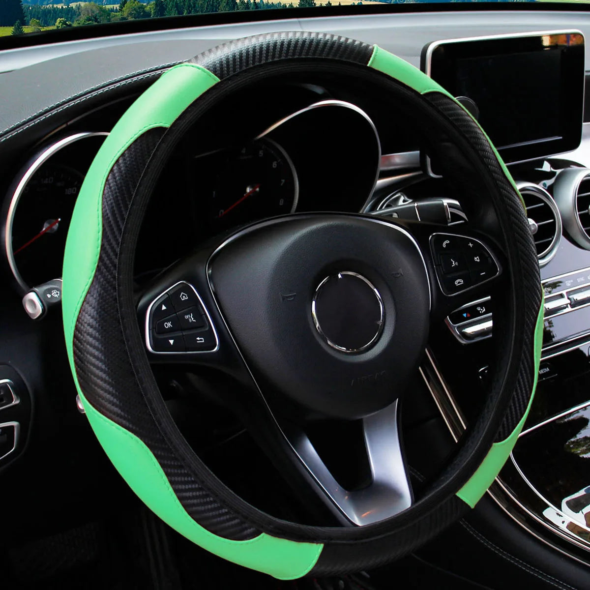 PU Carbon Fiber Leather Steering Wheel Cover – Fits 14.5–15 Inch Cars, Durable Automotive Accessory