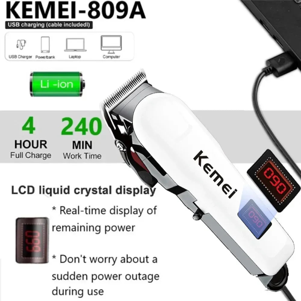 Kemei KM-809A Hair Clipper – Professional Wireless Trimmer with Stainless Blades & LED Display