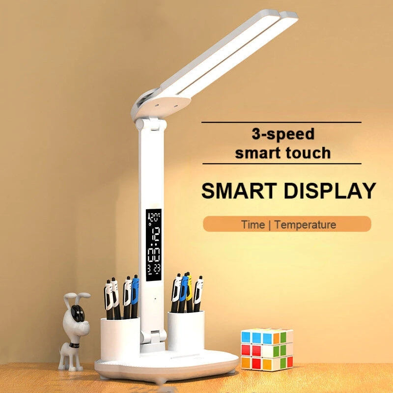 LED Clock Table Lamp – USB Rechargeable Foldable Desk Light with Dimmable Touch Control & Eye Protection for Reading, Study & Office