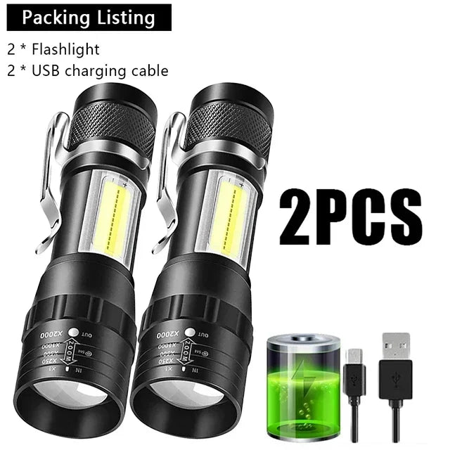 COB + XPE Mini USB Rechargeable Flashlight – Zoomable Small Torch with Clip, 350 Lumens, Waterproof Emergency Light for Camping, Hiking, Fishing