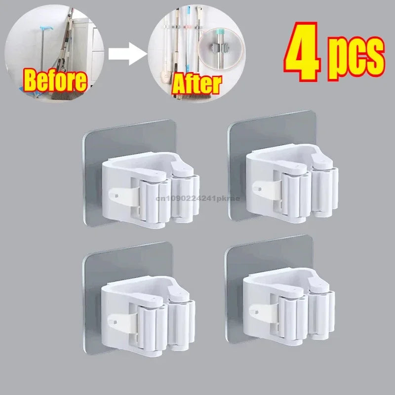 Self-adhesive Mop Holder – Wall Mounted Broom Stand & Brush Hook Storage Organizer