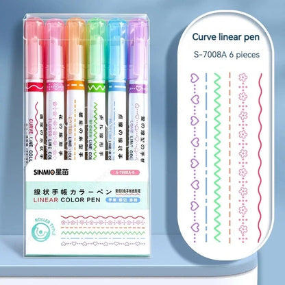 6Pcs Flower Line Shape Highlighter Pen Set – Curve Liner Roller Tip Markers for Creative Journaling