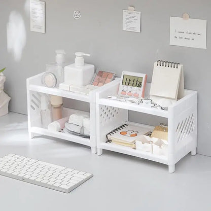 Double Layer Desktop Storage Rack – White Rectangular Organizer for Cosmetics, Stationery & Office Supplies