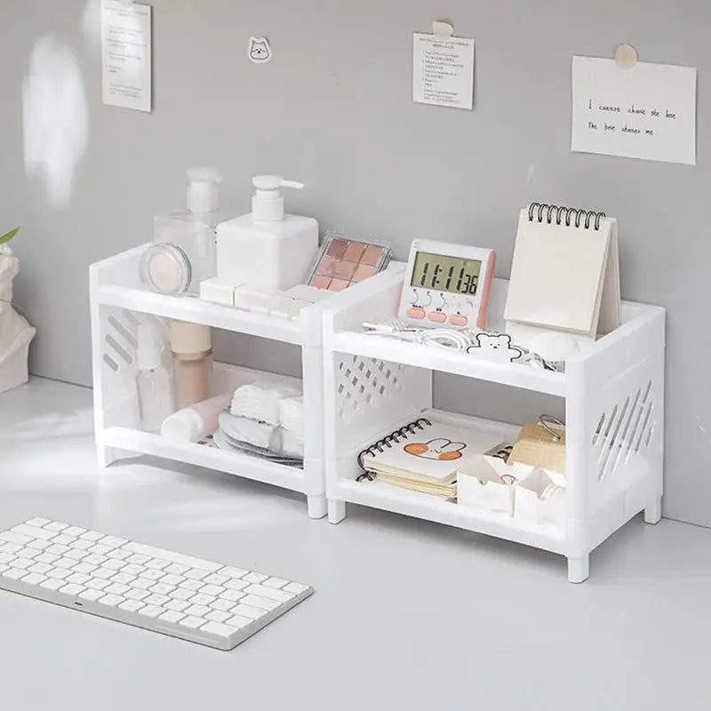 Double Layer Desktop Storage Rack – White Rectangular Organizer for Cosmetics, Stationery & Office Supplies