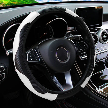 PU Carbon Fiber Leather Steering Wheel Cover – Fits 14.5–15 Inch Cars, Durable Automotive Accessory