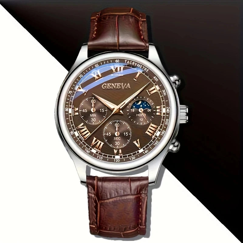 GENEVA Men's Fashion Quartz Watch – Waterproof Business Sport Wristwatch with Leather Strap