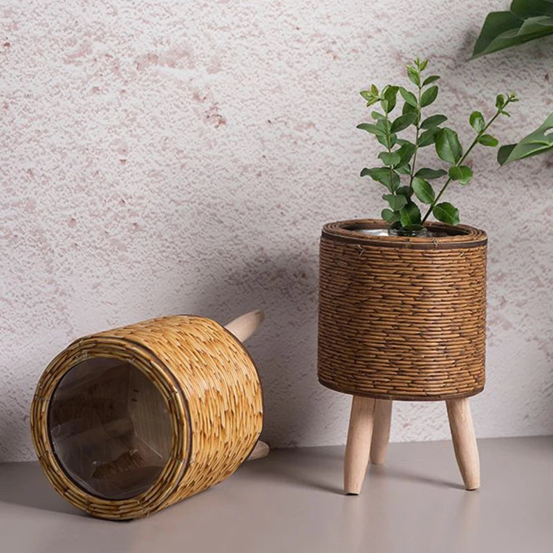 Nordic Rattan Plant Stand – Woven Flower Pot with Legs for Home & Garden