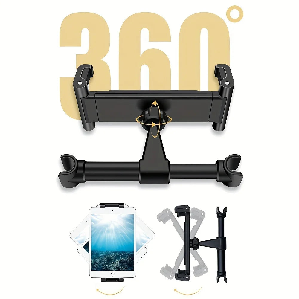 Universal Car Tablet Holder – 360° Rotating Back Seat Headrest Mount for iPad, Mini, Pro & 4–13 Inch Tablets