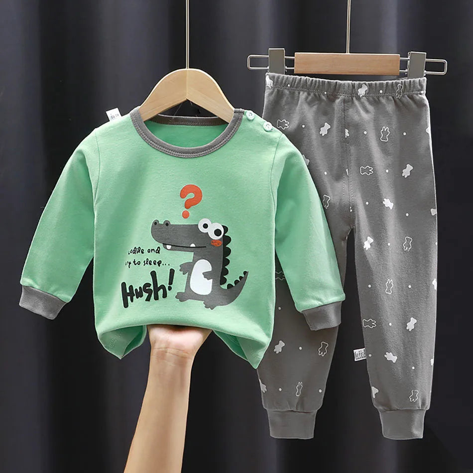 Unisex Cotton Dinosaur Pajamas Set – Soft & Durable Kids Sleepwear for Spring and Autumn
