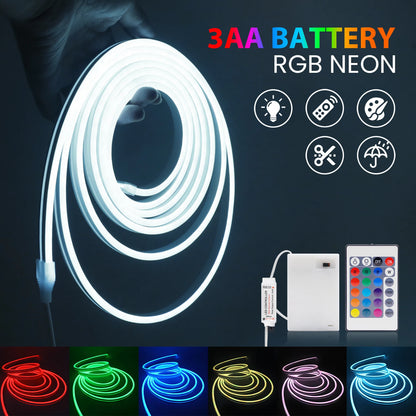 3AA Battery Box RGB Neon LED Strip Light – 5V 108 LEDs/M Waterproof Flexible Neon Strip with Bluetooth & Remote Control
