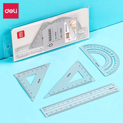 DELI Aluminum Drafting Set – 4-Piece Ruler Set with Protractor and Triangle